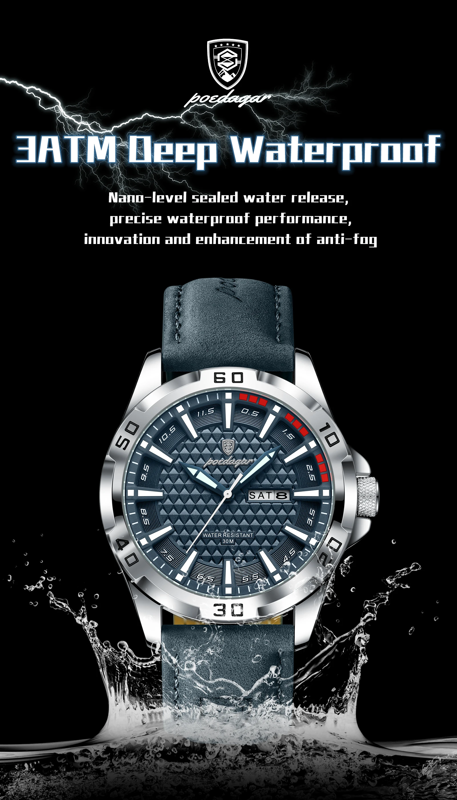 POEDAGAR Original Man Wristwatch Top Luxury Waterproof Luminous Date Week Watch For Men Quartz Sport Leather Men's Watches Reloj