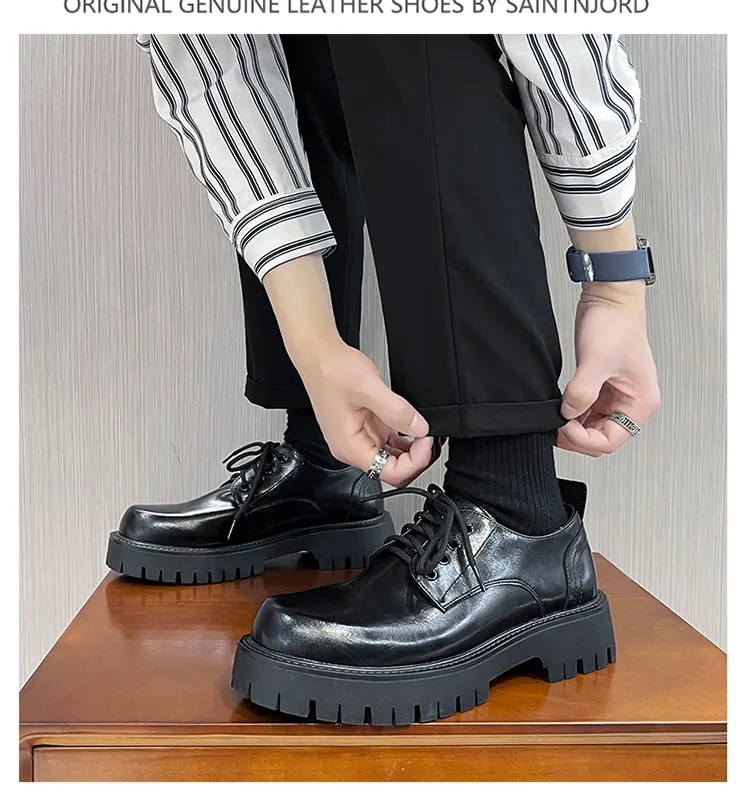 STRONGSHEN Men's Low Top British Leather Shoes Big Head Warm Fur Thick Bottom Non Slip Work Shoes Elevator Casual Oxford Shoes