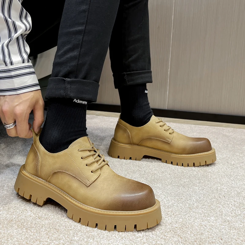 STRONGSHEN Men's Low Top British Leather Shoes Big Head Warm Fur Thick Bottom Non Slip Work Shoes Elevator Casual Oxford Shoes