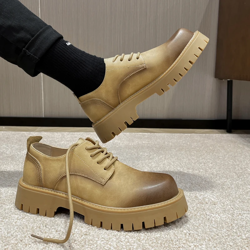 STRONGSHEN Men's Low Top British Leather Shoes Big Head Warm Fur Thick Bottom Non Slip Work Shoes Elevator Casual Oxford Shoes
