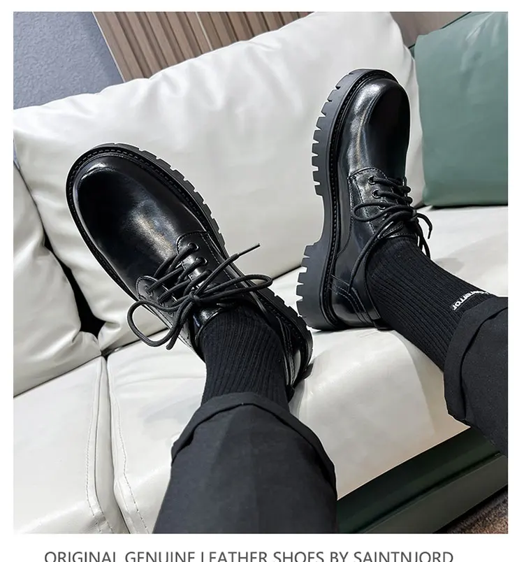 STRONGSHEN Men's Low Top British Leather Shoes Big Head Warm Fur Thick Bottom Non Slip Work Shoes Elevator Casual Oxford Shoes
