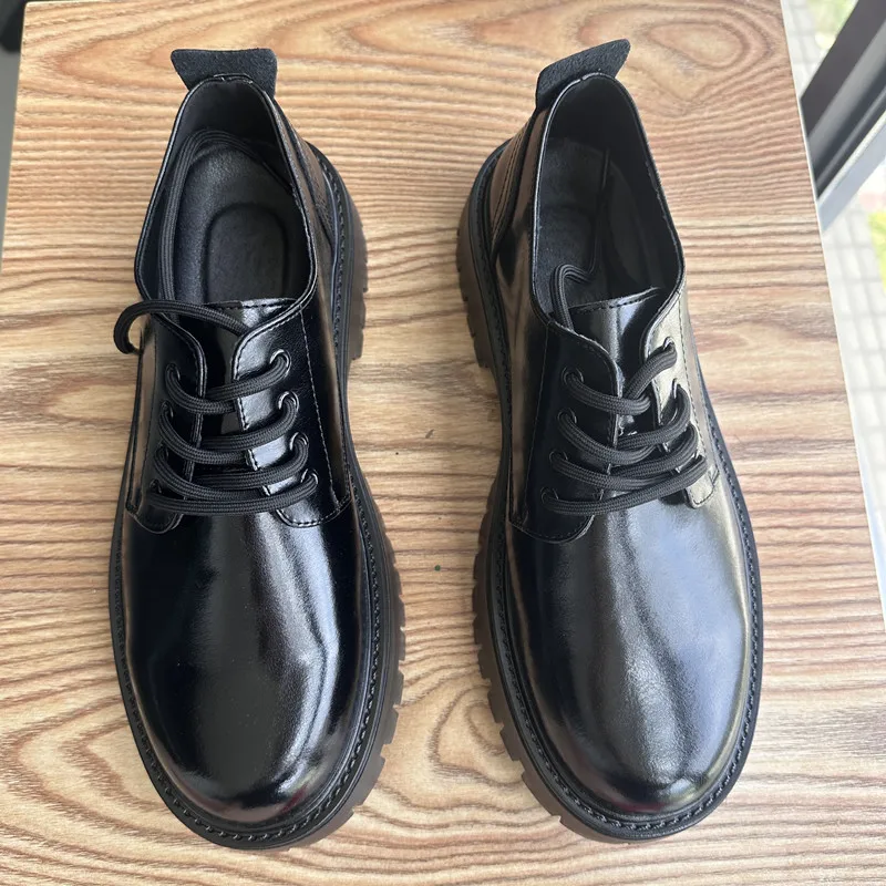 STRONGSHEN Men's Low Top British Leather Shoes Big Head Warm Fur Thick Bottom Non Slip Work Shoes Elevator Casual Oxford Shoes