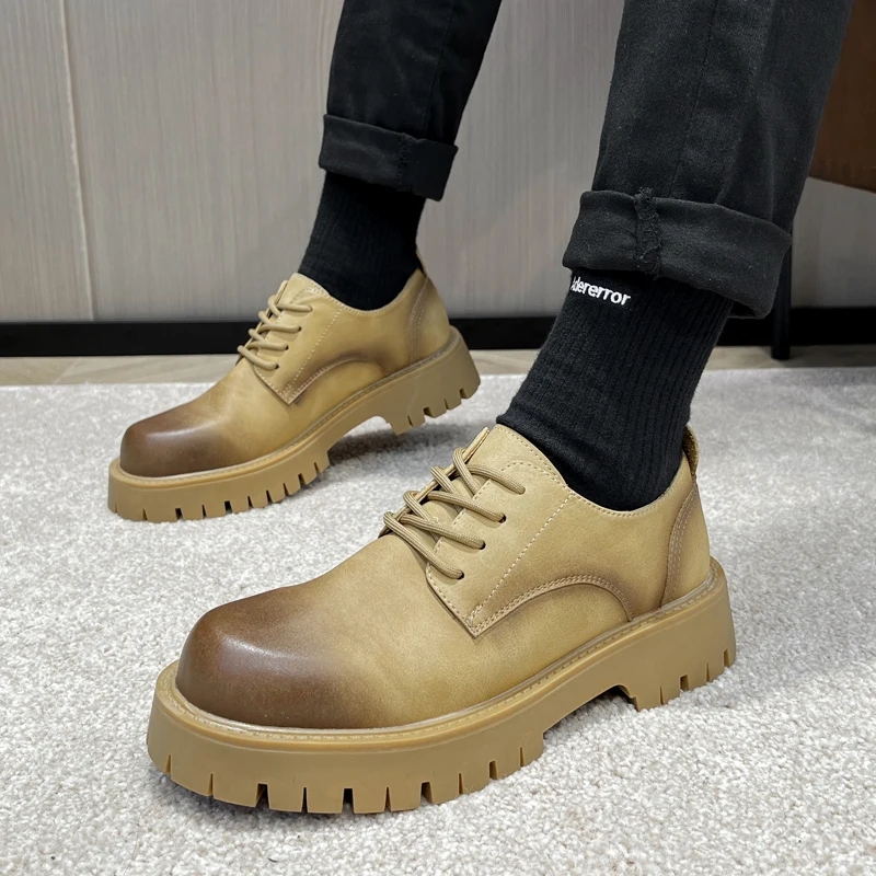 STRONGSHEN Men's Low Top British Leather Shoes Big Head Warm Fur Thick Bottom Non Slip Work Shoes Elevator Casual Oxford Shoes