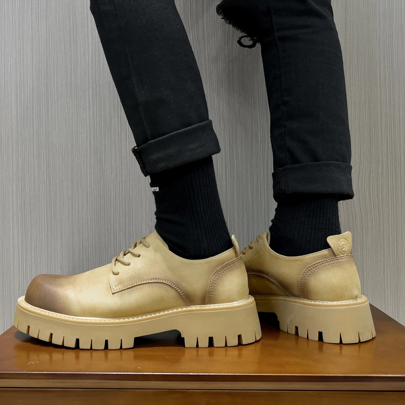 STRONGSHEN Men's Low Top British Leather Shoes Big Head Warm Fur Thick Bottom Non Slip Work Shoes Elevator Casual Oxford Shoes