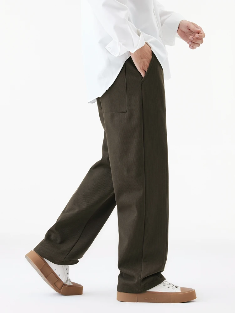 Winter Thick Casual Pants Men Korean Fashion Banded Waist Stretch Wide Leg Suit Slacks Straight Loose Drape Trousers