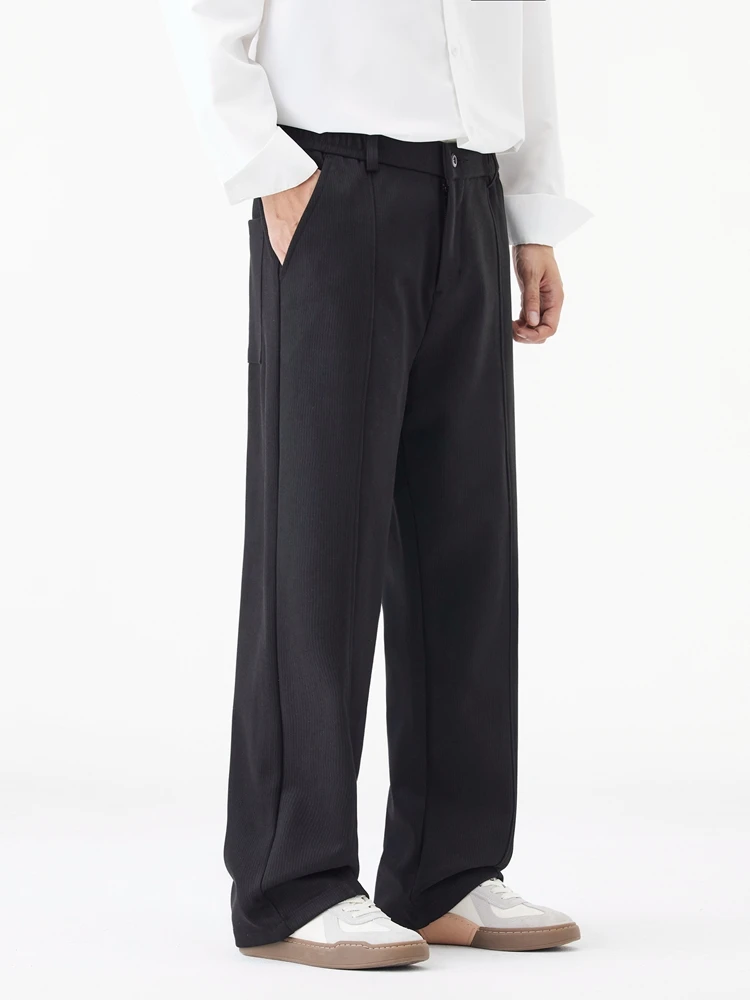 Winter Thick Casual Pants Men Korean Fashion Banded Waist Stretch Wide Leg Suit Slacks Straight Loose Drape Trousers