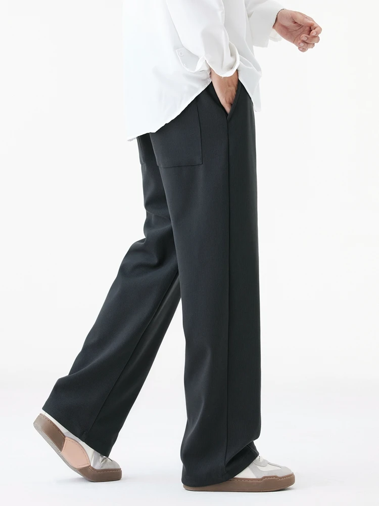 Winter Thick Casual Pants Men Korean Fashion Banded Waist Stretch Wide Leg Suit Slacks Straight Loose Drape Trousers