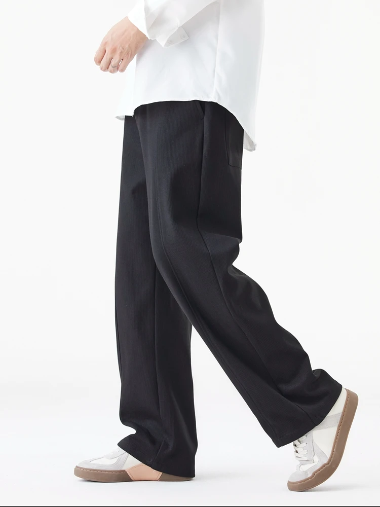Winter Thick Casual Pants Men Korean Fashion Banded Waist Stretch Wide Leg Suit Slacks Straight Loose Drape Trousers