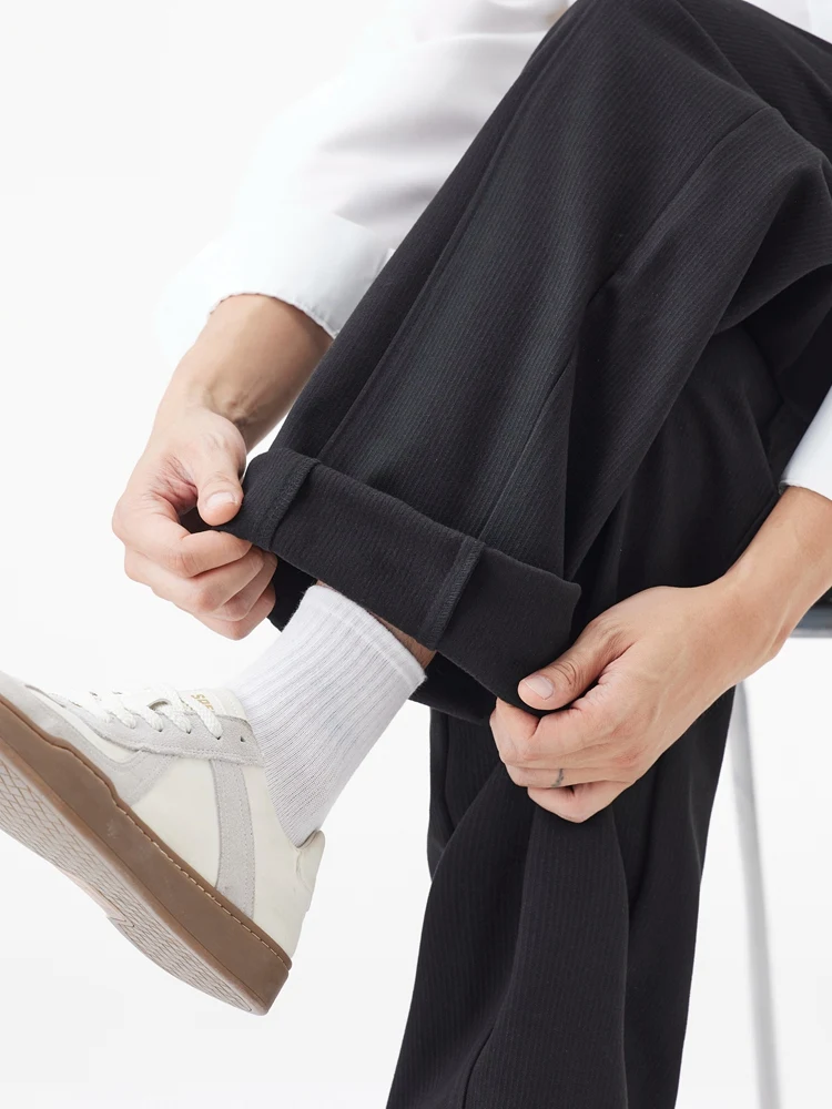 Winter Thick Casual Pants Men Korean Fashion Banded Waist Stretch Wide Leg Suit Slacks Straight Loose Drape Trousers