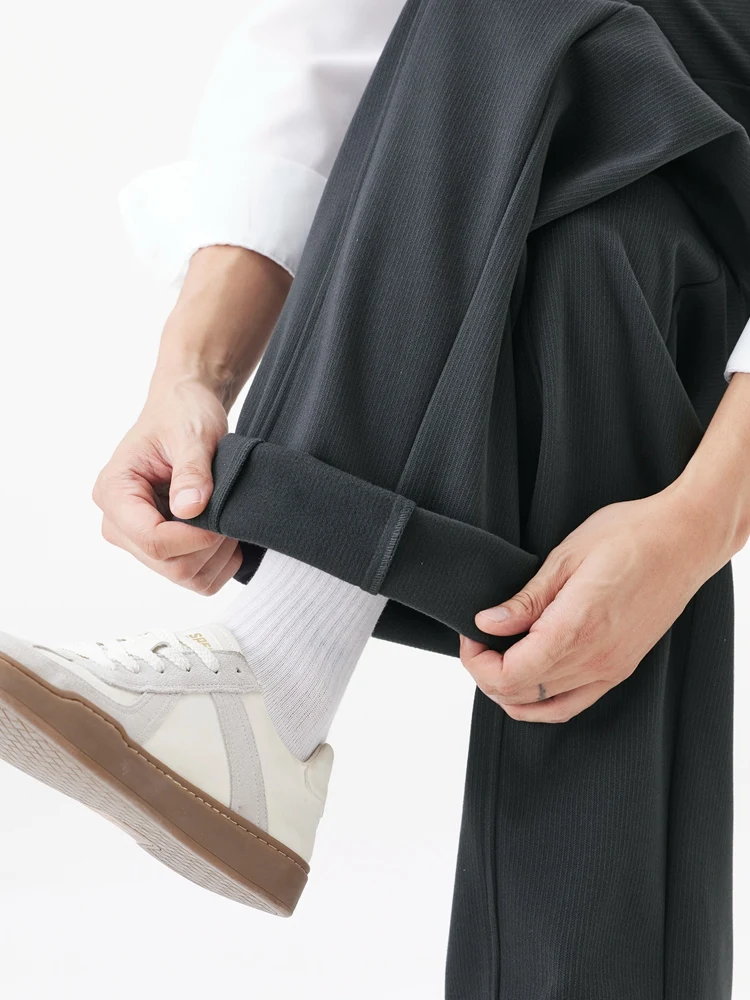 Winter Thick Casual Pants Men Korean Fashion Banded Waist Stretch Wide Leg Suit Slacks Straight Loose Drape Trousers
