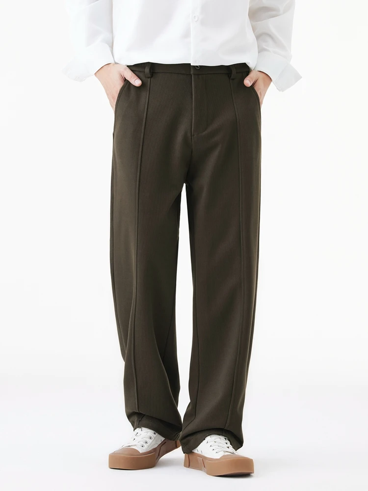 Winter Thick Casual Pants Men Korean Fashion Banded Waist Stretch Wide Leg Suit Slacks Straight Loose Drape Trousers