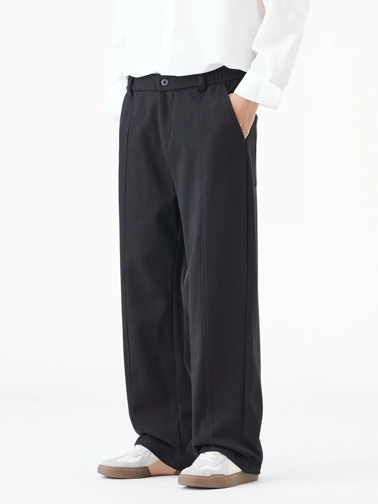 Winter Thick Casual Pants Men Korean Fashion Banded Waist Stretch Wide Leg Suit Slacks Straight Loose Drape Trousers