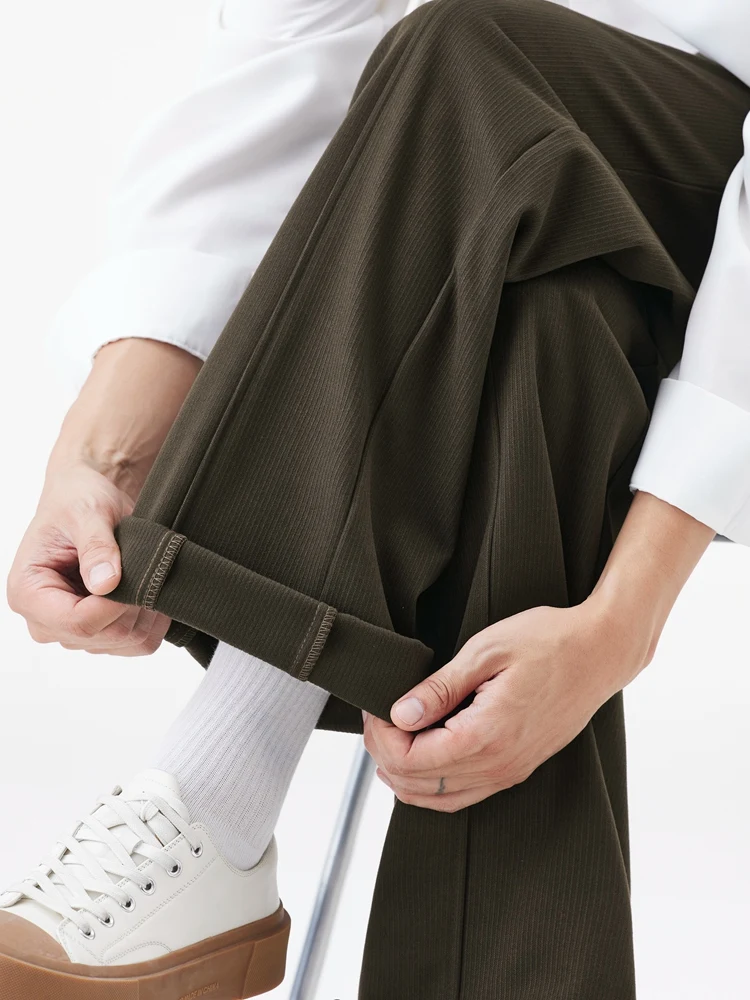 Winter Thick Casual Pants Men Korean Fashion Banded Waist Stretch Wide Leg Suit Slacks Straight Loose Drape Trousers