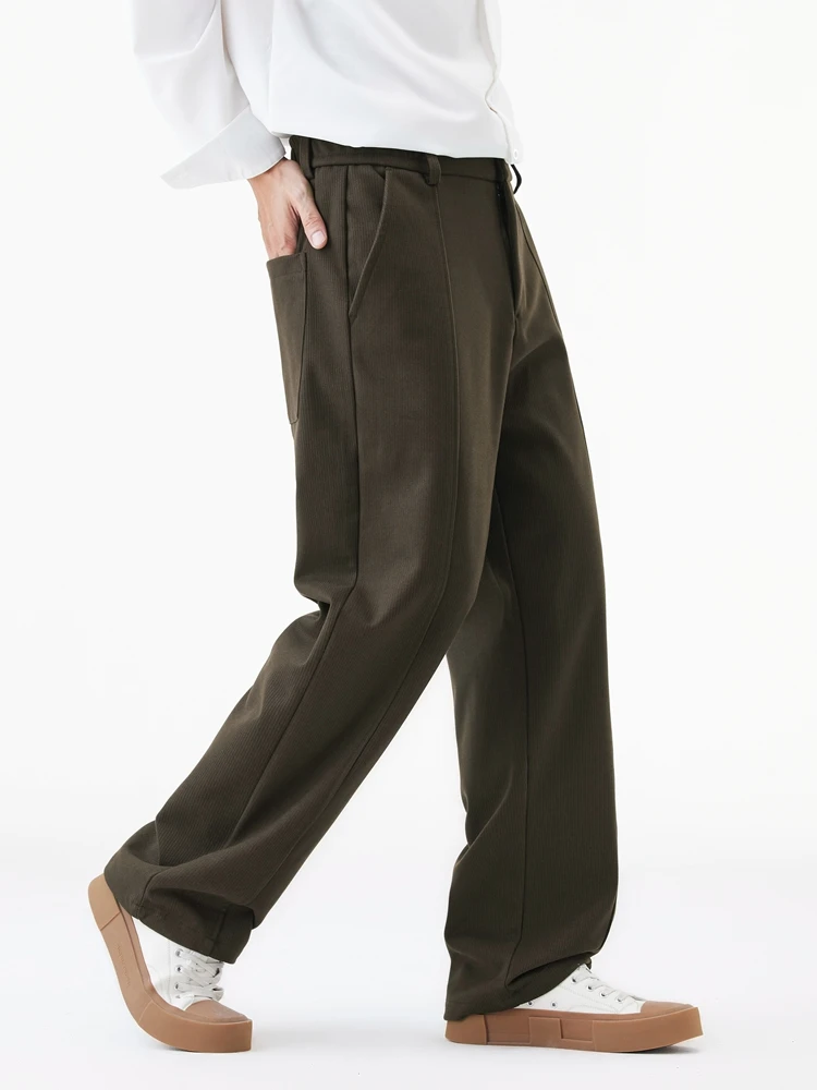 Winter Thick Casual Pants Men Korean Fashion Banded Waist Stretch Wide Leg Suit Slacks Straight Loose Drape Trousers