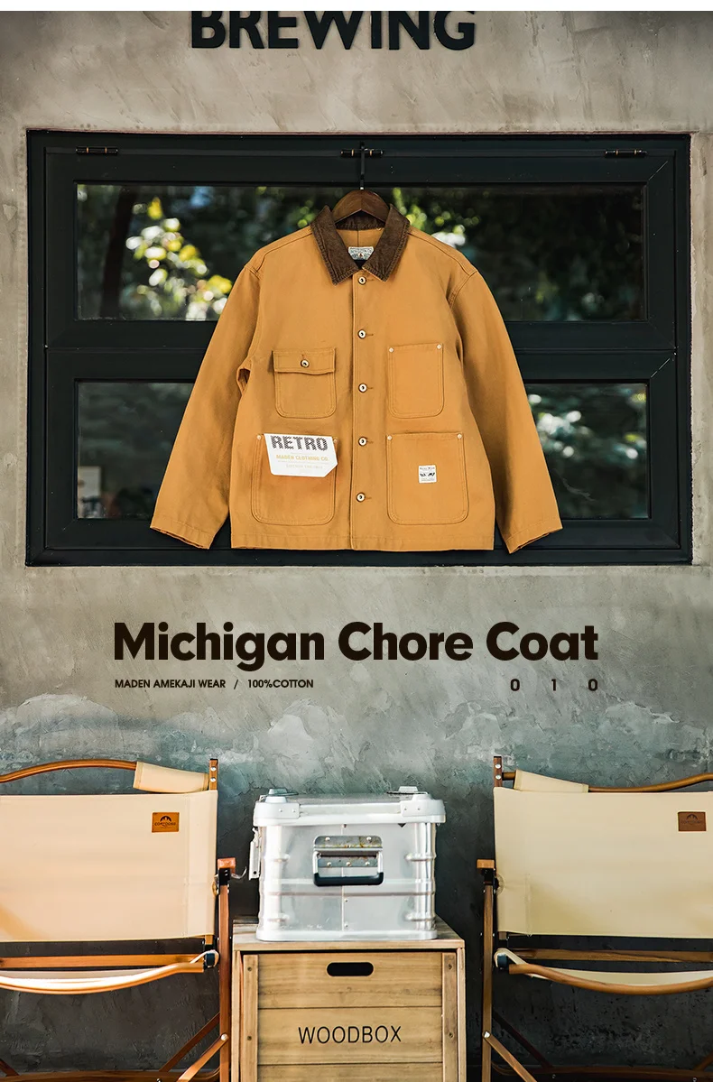 Maden Vintage Heavyweight Michigan Chore Jackets Multi-Pocket Canvas Hunting Coat for Men's Spring Loose Lapel Collar Outwear