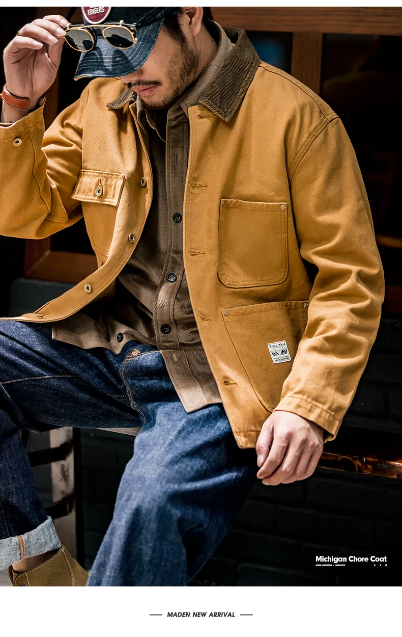 Maden Vintage Heavyweight Michigan Chore Jackets Multi-Pocket Canvas Hunting Coat for Men's Spring Loose Lapel Collar Outwear