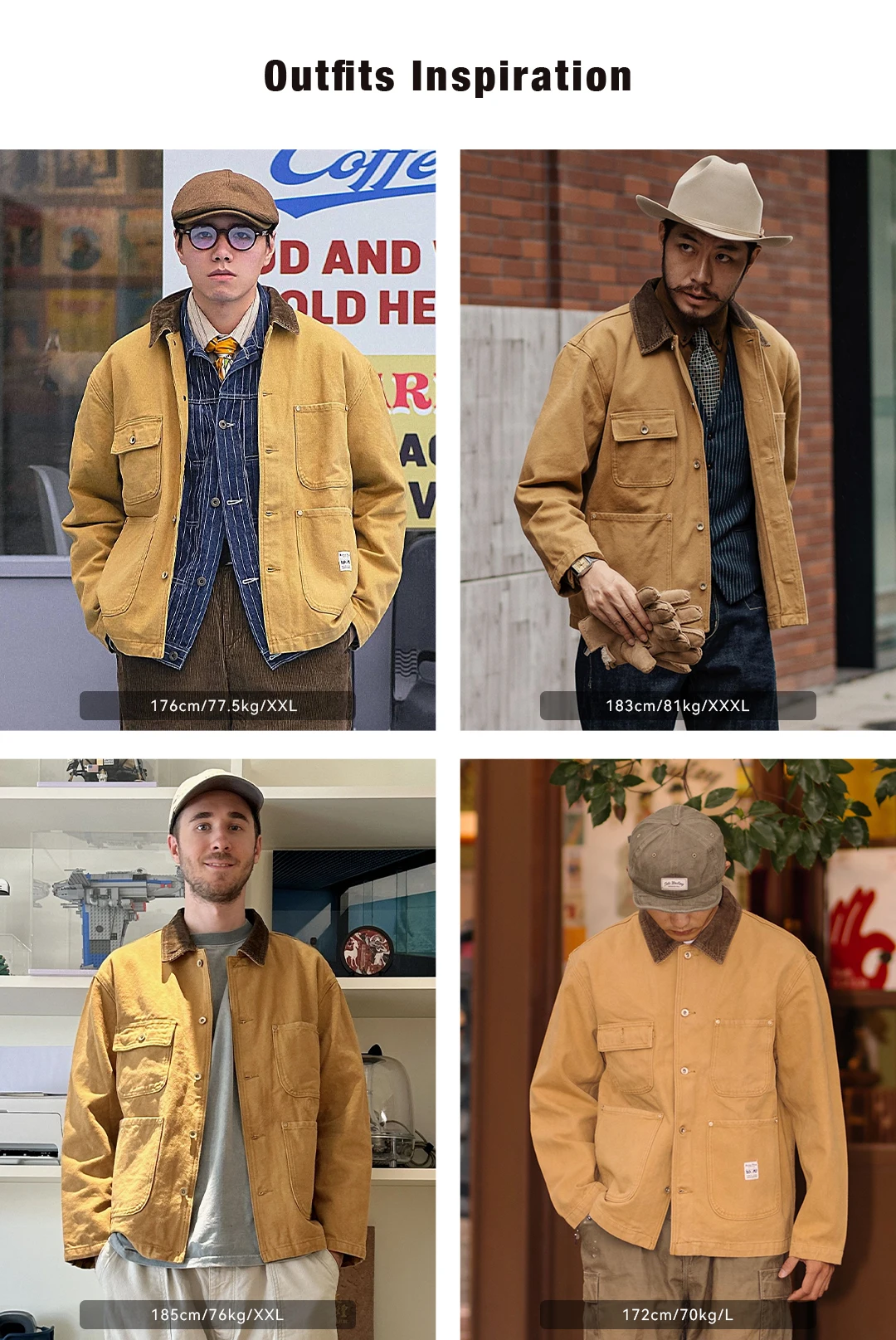 Maden Vintage Heavyweight Michigan Chore Jackets Multi-Pocket Canvas Hunting Coat for Men's Spring Loose Lapel Collar Outwear