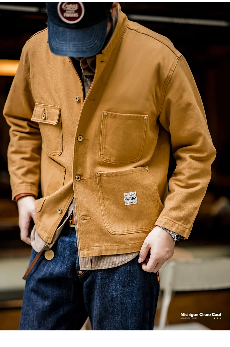 Maden Vintage Heavyweight Michigan Chore Jackets Multi-Pocket Canvas Hunting Coat for Men's Spring Loose Lapel Collar Outwear