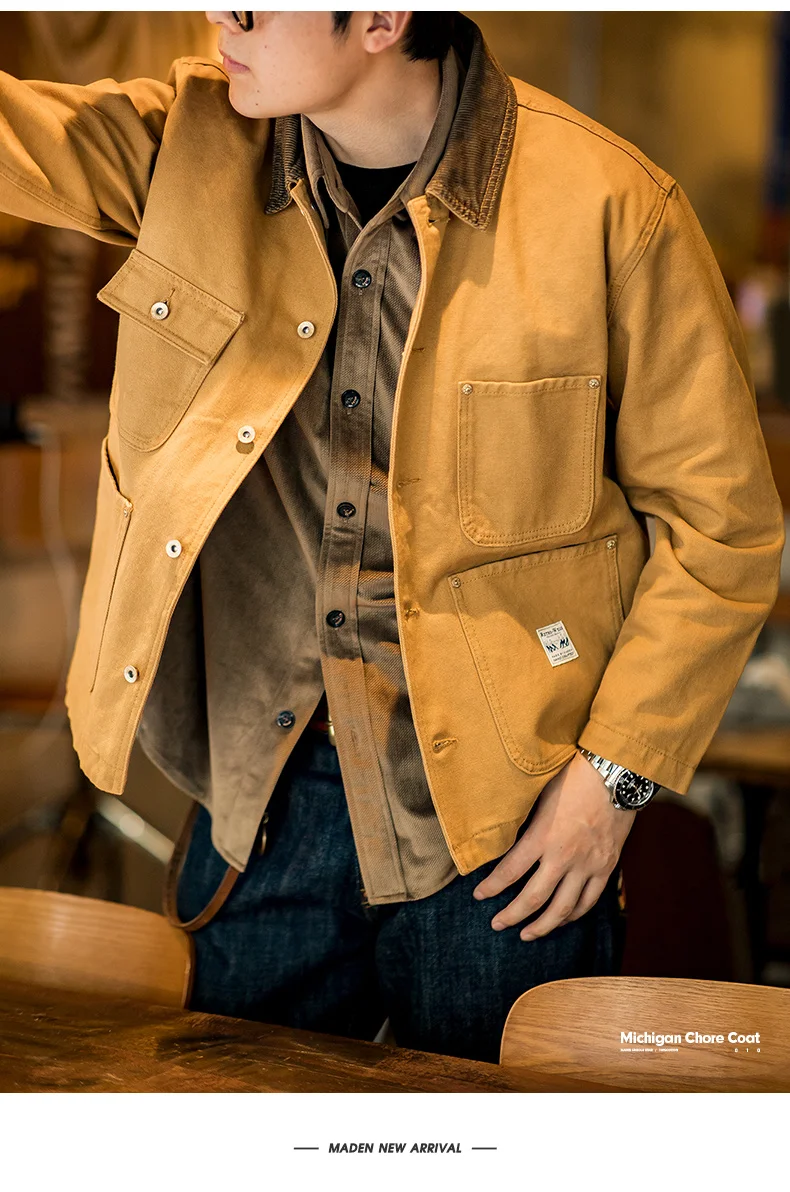 Maden Vintage Heavyweight Michigan Chore Jackets Multi-Pocket Canvas Hunting Coat for Men's Spring Loose Lapel Collar Outwear