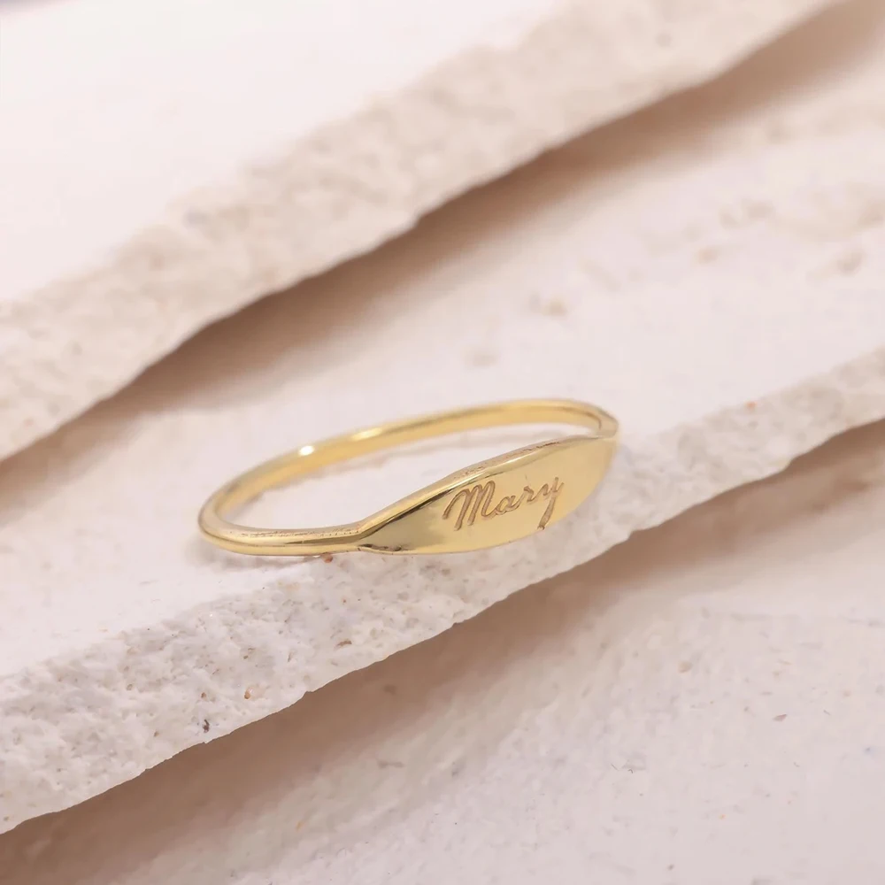 COOLTIME Dainty Engraved Name Stainless Steel Ring for Women Gold Color Personalized Minimalist Anniversary Couple Rings Gift