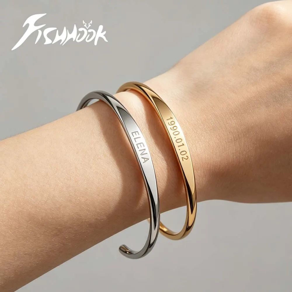 Couple Name Engrave Flat Bar Open Cuff Bangle Custom Personalized Bracelet Gift for Her Him Women Men Stainless Steel Jewelry