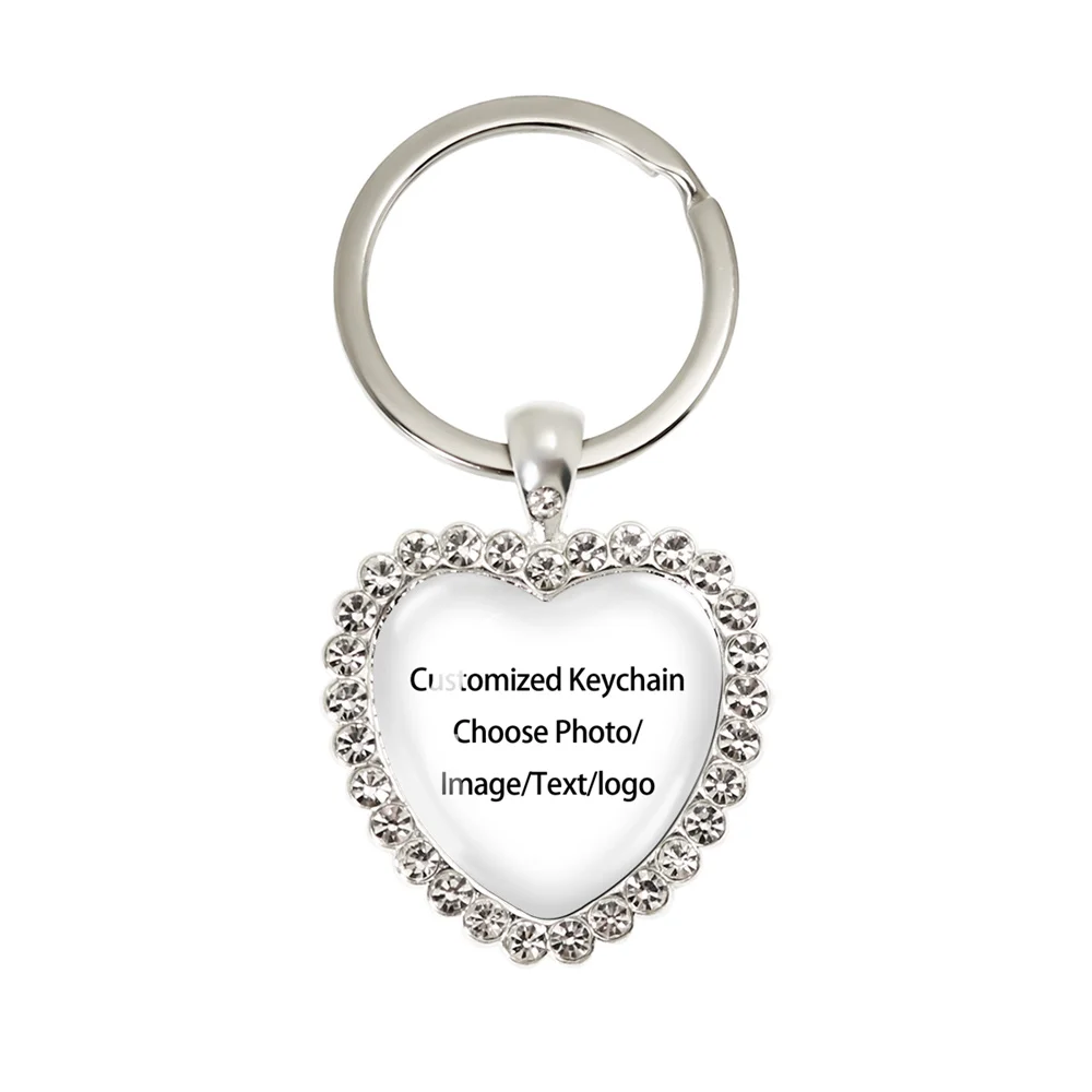 Personalized Custom Crystal Peach Heart Keychain Cabochon Pendant Key Ring Baby/Mom/Dad /Couple/Family Gathering Souvenir Gift