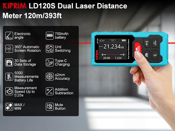 Kiprim Dual Laser Distance Meter Rechargeable Bilateral Laser Rangefinder 120m Digital Tape Measure Angle Measurment Tool