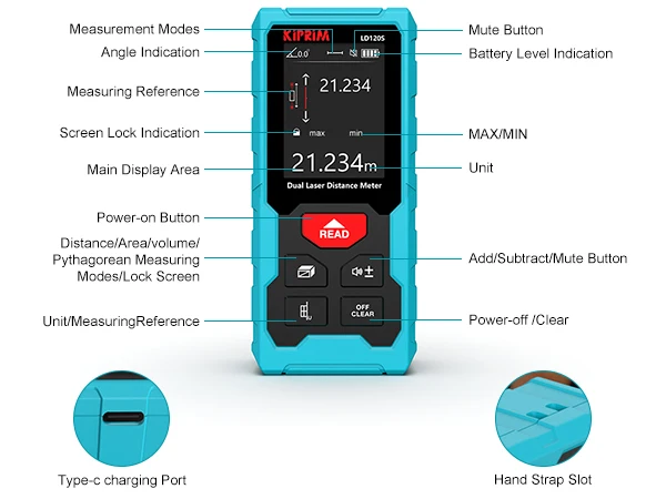 Kiprim Dual Laser Distance Meter Rechargeable Bilateral Laser Rangefinder 120m Digital Tape Measure Angle Measurment Tool