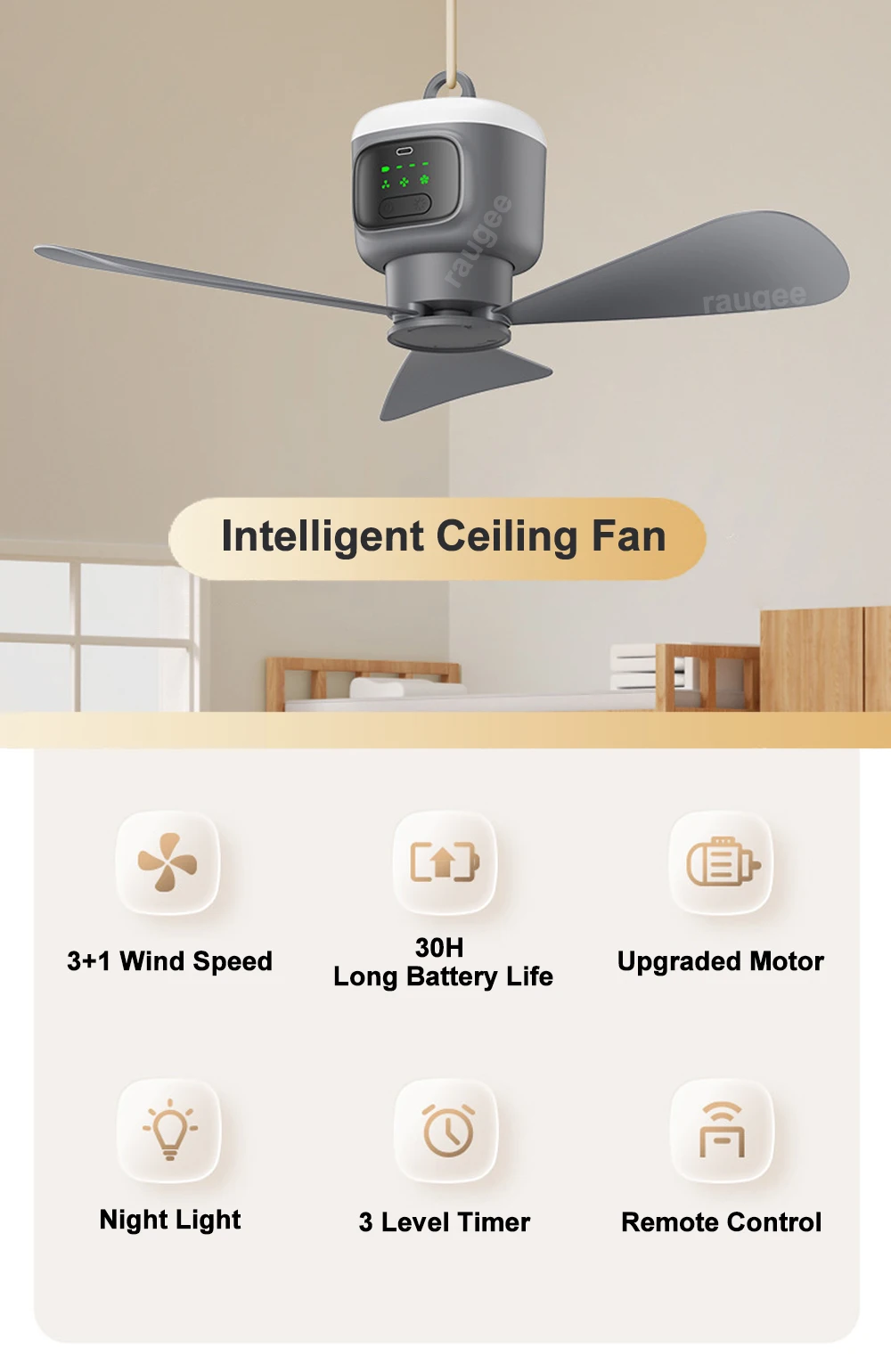 Portable Ceiling Fans Outdoor Camping Ceiling Fan Air Circulator 12000mAh Rechargeable Electric Fan for Home with Light Remote