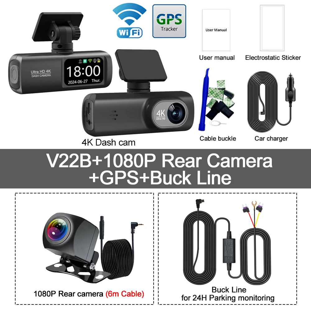 UHD 4K WiFi Dash Cam Dual Lens Driving Recorder Car DVR Optional 1080P Rear Lens Camera GPS 24H Parking Monitoring Black Box