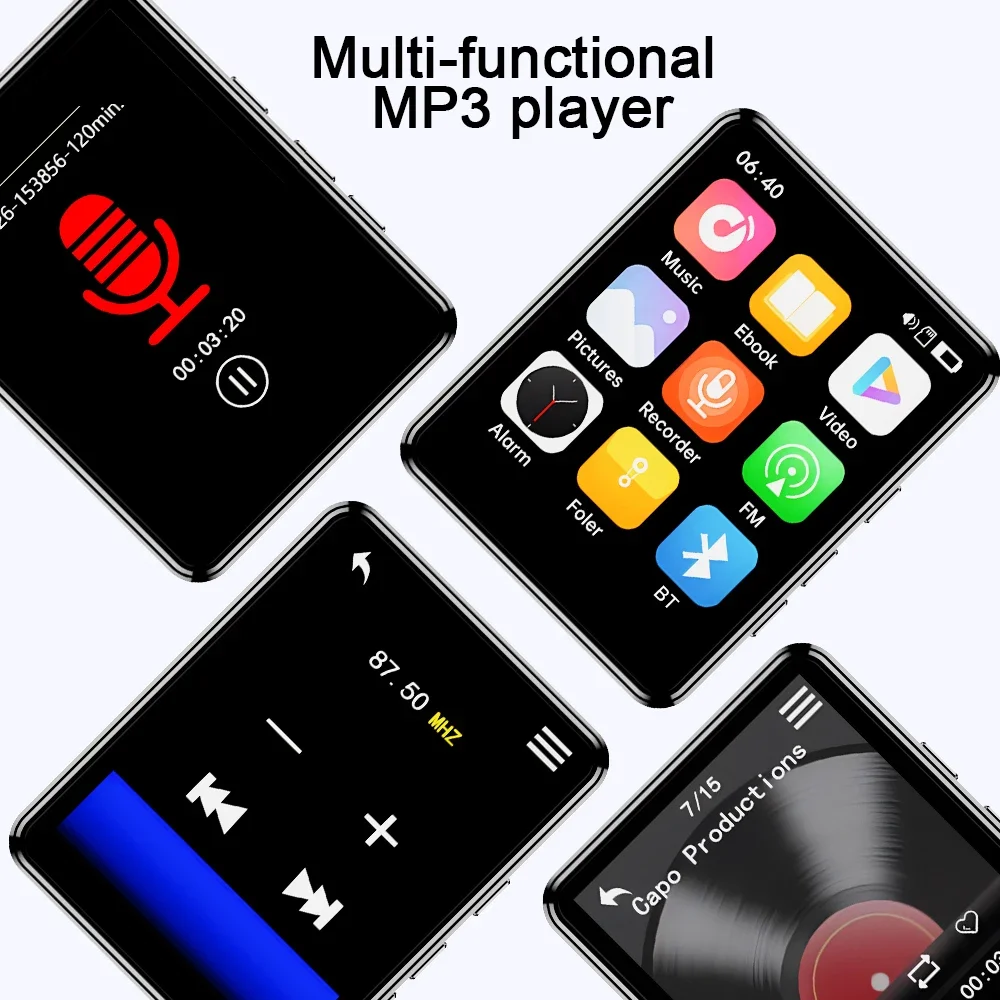 MP3 Player 2.4 Inch Full Touch Screen Bluetooth HiFi Walkman Built‑in MP4 Music Speaker FM Radio Voice Recorder E‑book