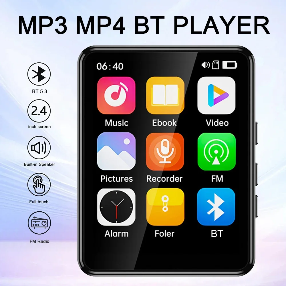 MP3 Player 2.4 Inch Full Touch Screen Bluetooth HiFi Walkman Built‑in MP4 Music Speaker FM Radio Voice Recorder E‑book