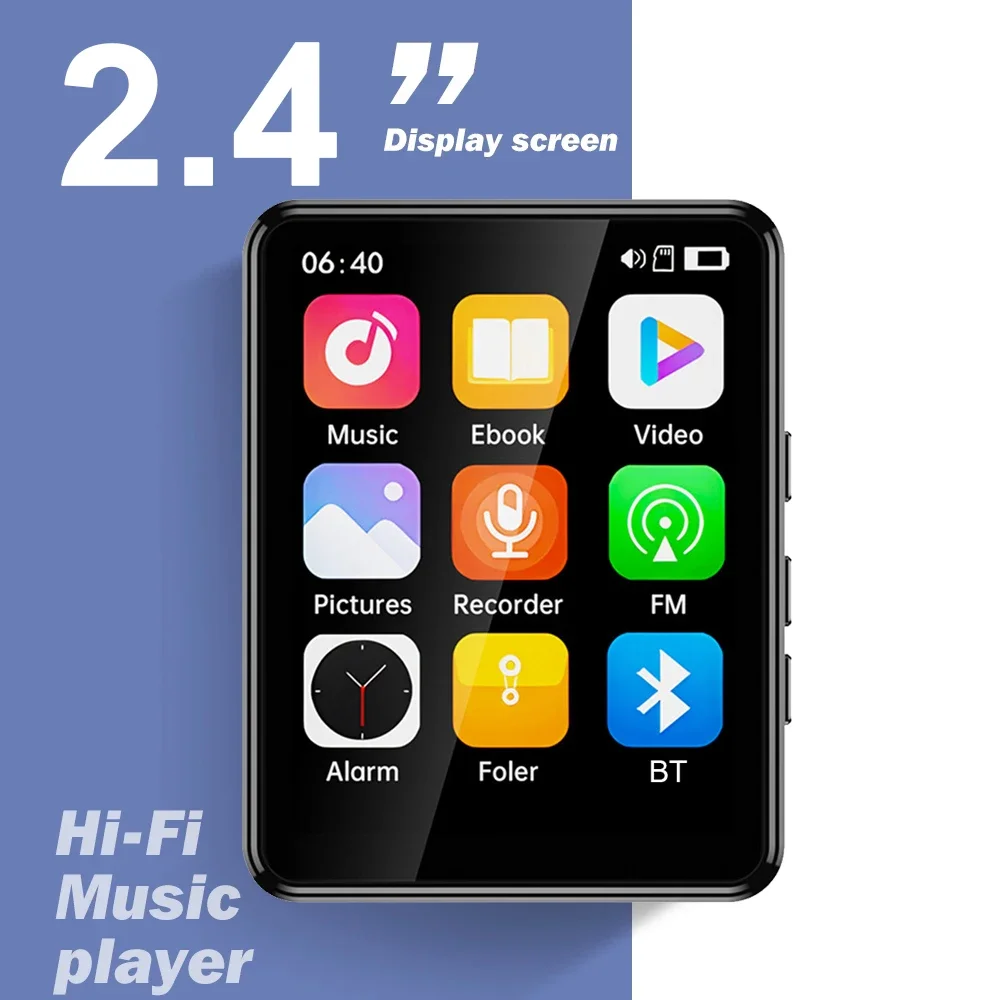 MP3 Player 2.4 Inch Full Touch Screen Bluetooth HiFi Walkman Built‑in MP4 Music Speaker FM Radio Voice Recorder E‑book