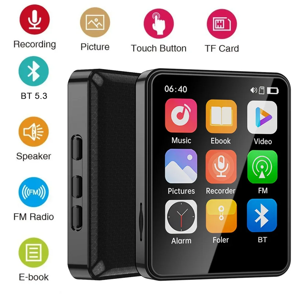 MP3 Player 2.4 Inch Full Touch Screen Bluetooth HiFi Walkman Built‑in MP4 Music Speaker FM Radio Voice Recorder E‑book