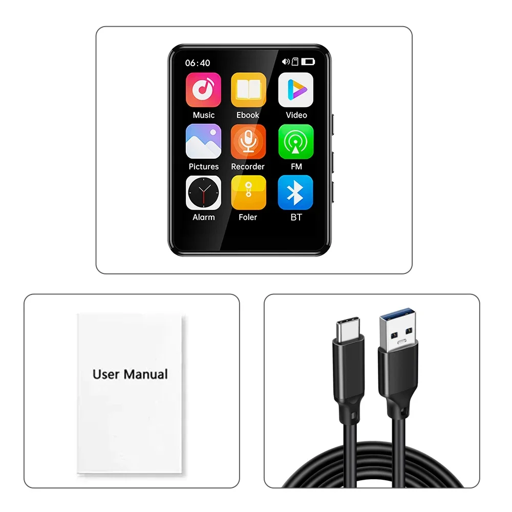 MP3 Player 2.4 Inch Full Touch Screen Bluetooth HiFi Walkman Built‑in MP4 Music Speaker FM Radio Voice Recorder E‑book