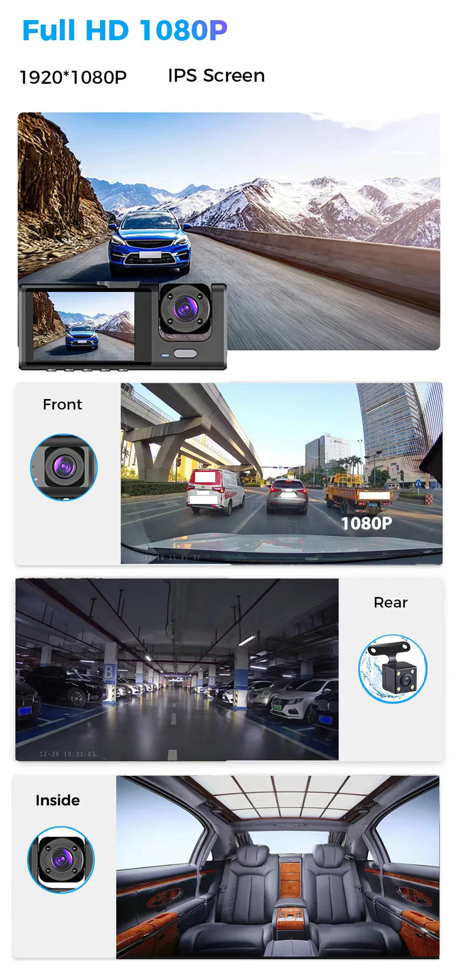 Dash Cam W/ IR Night Vision Loop Recording & 2" IPS Screen 1080P 3 Camera ， DVR recorder, video recorder, Vehicle DVR