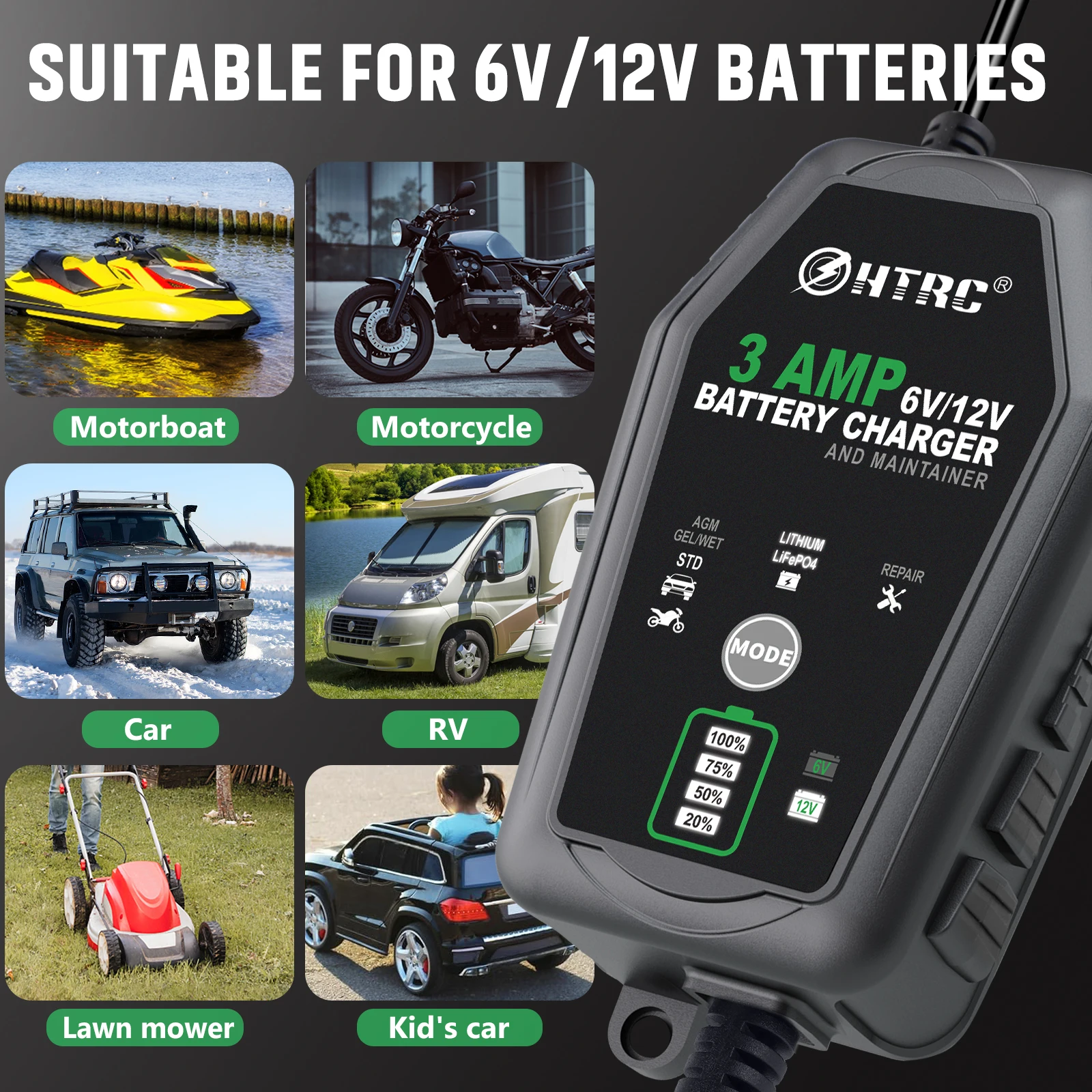 HTRC 6V 12V 3000mA Smart Battery Charger Automatic for Trickle Lithium LiFePO4 Lead-Acid Batteries Car Motorcycle Charger