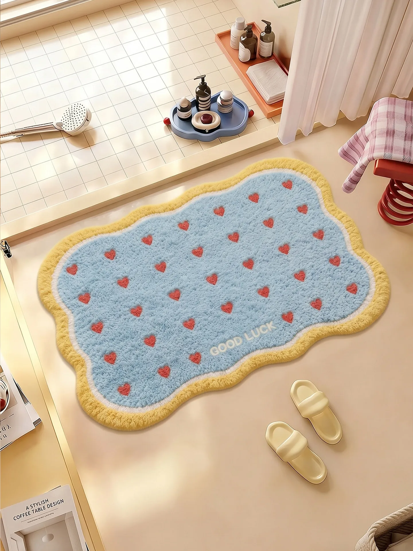 Thick Cashmere Like Bathroom Mat Absorbent Shaggy Shower Rug Aesthetic Wave Border Polka Dot Carpet