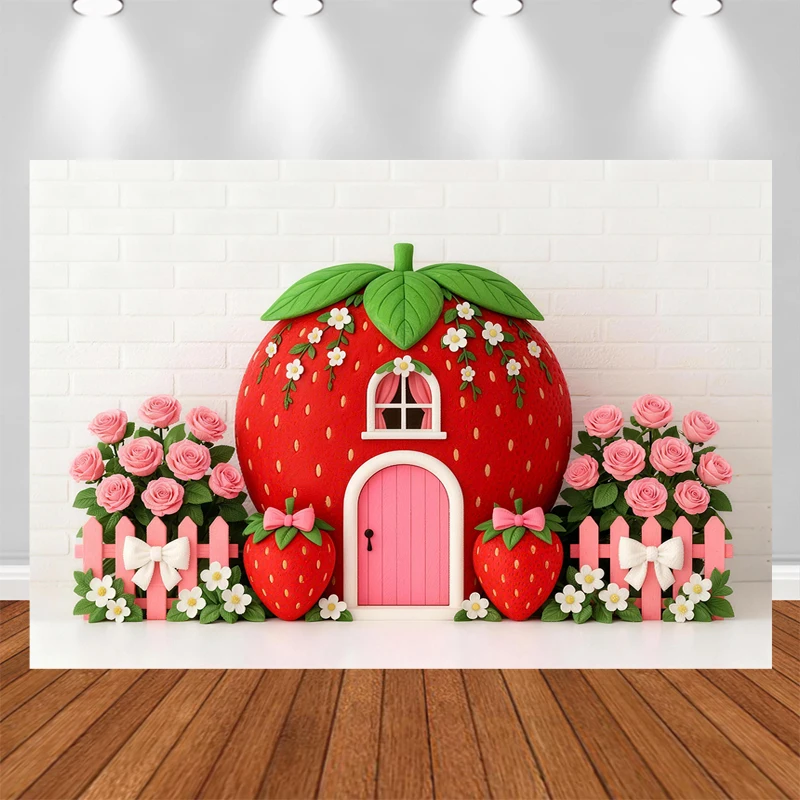 LS Sweet Strawberry House Backdrops Kids Baby Birthday Cake Smash Photocall Decors Child Photo Spring Backgrounds