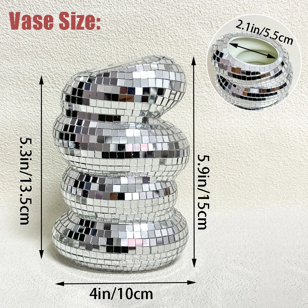 Disco Ball Spiral Vase Unique Glass Tiles Flower Bottle Disco Ball Planter Silver Mirror Vase Home Living Room Office Decor