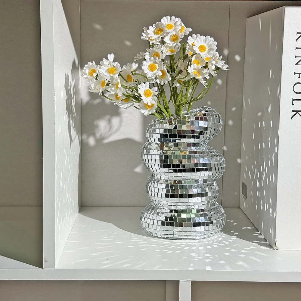 Disco Ball Spiral Vase Unique Glass Tiles Flower Bottle Disco Ball Planter Silver Mirror Vase Home Living Room Office Decor