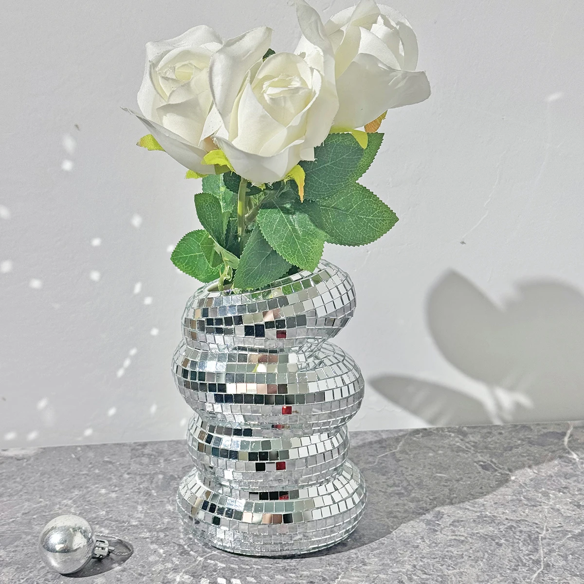 Disco Ball Spiral Vase Unique Glass Tiles Flower Bottle Disco Ball Planter Silver Mirror Vase Home Living Room Office Decor