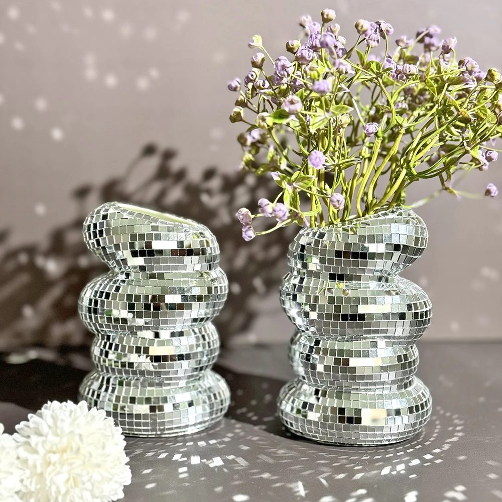 Disco Ball Spiral Vase Unique Glass Tiles Flower Bottle Disco Ball Planter Silver Mirror Vase Home Living Room Office Decor