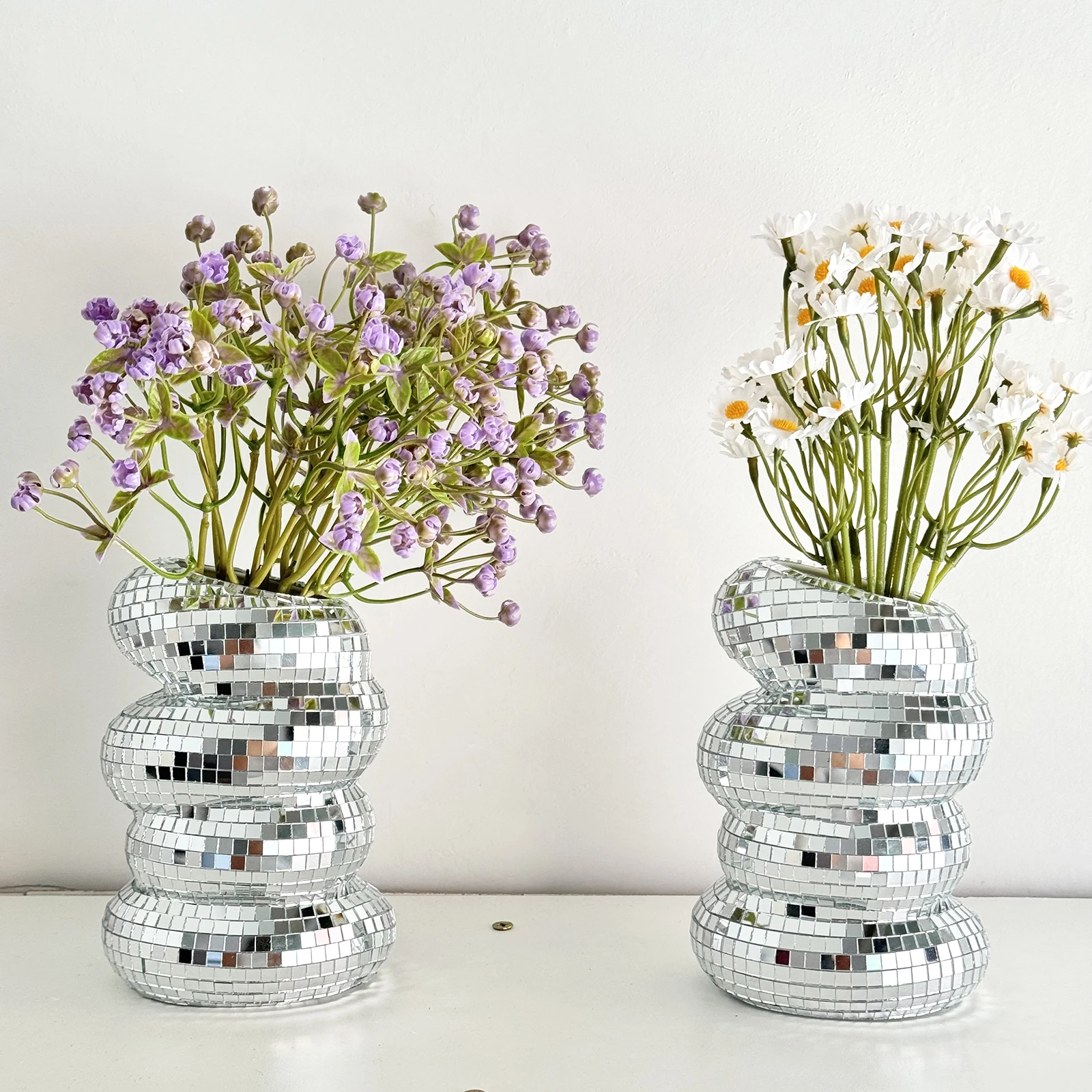 Disco Ball Spiral Vase Unique Glass Tiles Flower Bottle Disco Ball Planter Silver Mirror Vase Home Living Room Office Decor