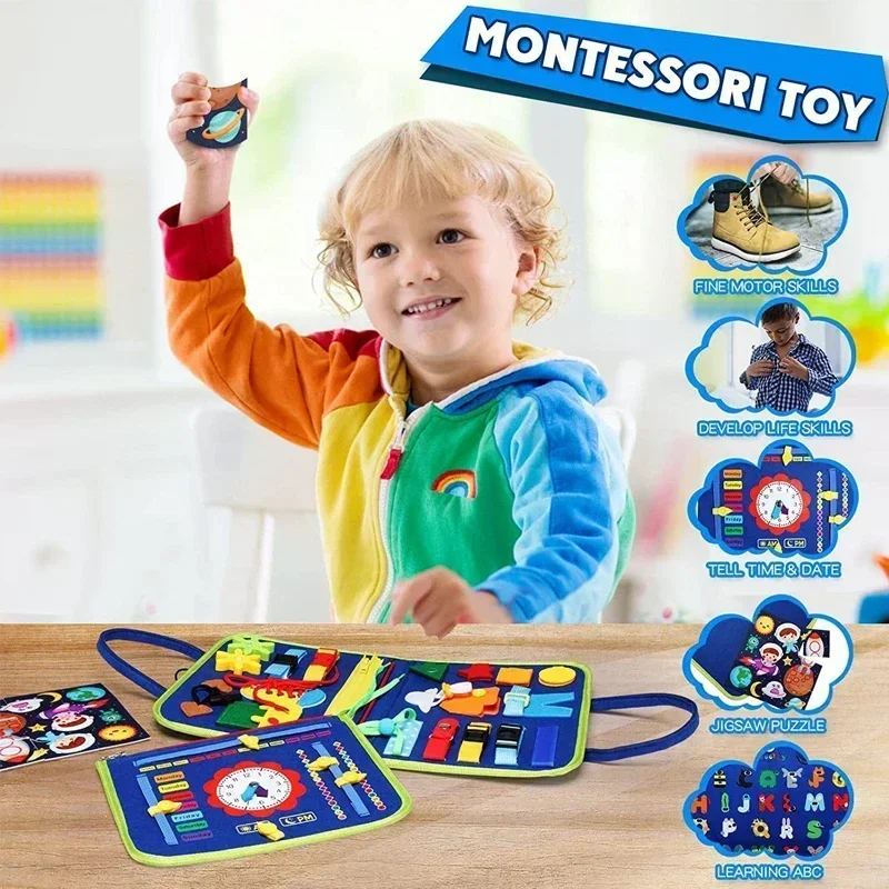 Montessori Kids Travel Toy Felt Activity Quiet Busy Board for Basic Dress Motor Skill Activity Educational Sensory Learning Book