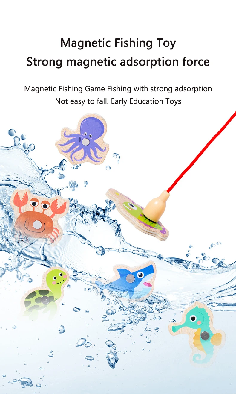 Montessori Wooden Magnetic Fishing Toys Marine Life Cognition Fish Games Early Educational Toy for Kids Parent-child Interactive