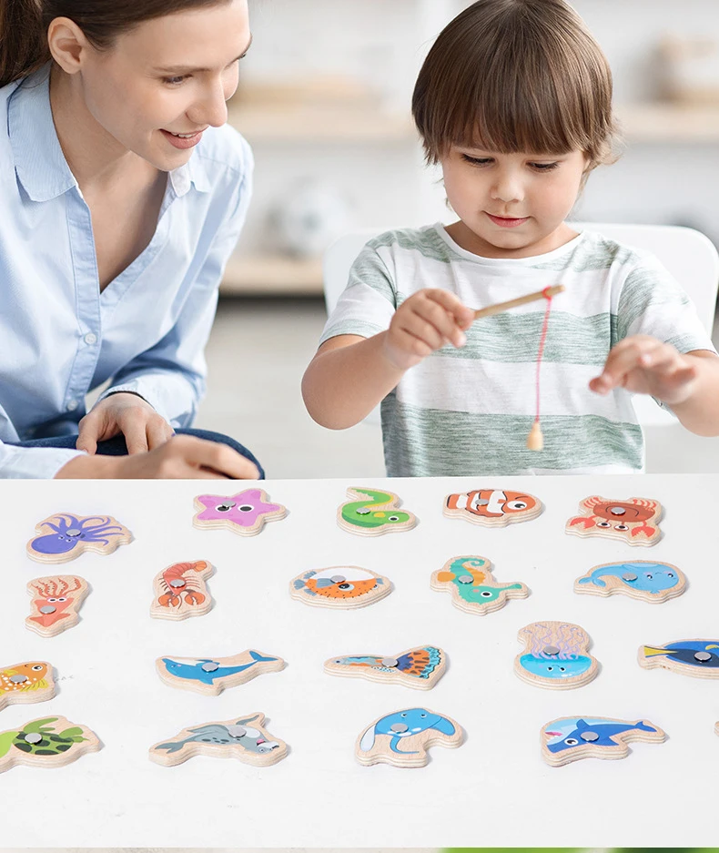 Montessori Wooden Magnetic Fishing Toys Marine Life Cognition Fish Games Early Educational Toy for Kids Parent-child Interactive