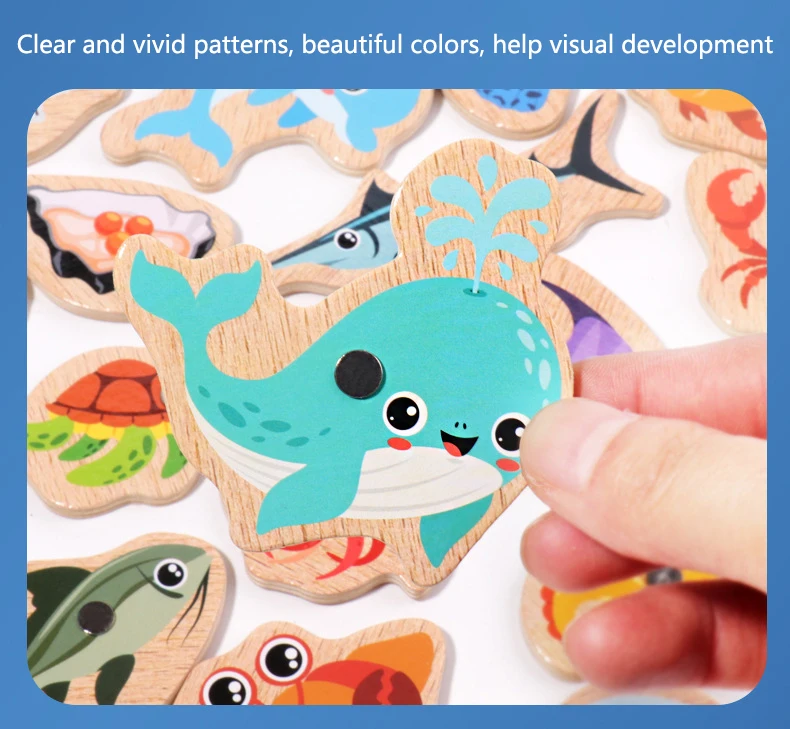 Montessori Wooden Magnetic Fishing Toys Marine Life Cognition Fish Games Early Educational Toy for Kids Parent-child Interactive