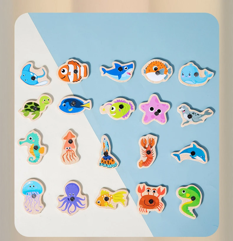 Montessori Wooden Magnetic Fishing Toys Marine Life Cognition Fish Games Early Educational Toy for Kids Parent-child Interactive