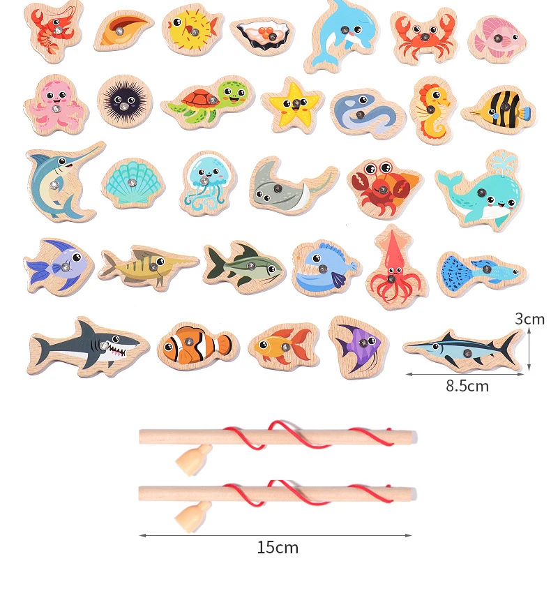 Montessori Wooden Magnetic Fishing Toys Marine Life Cognition Fish Games Early Educational Toy for Kids Parent-child Interactive